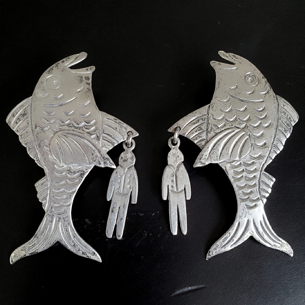 Mexico 925 sterling fish human stud earrings large vintage